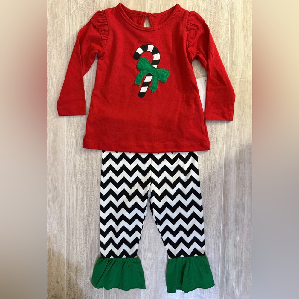 Planet Cotton Baby Girls 2Pc Christmas Outfit Top & Chevron Ruffle Pants 12M NWT